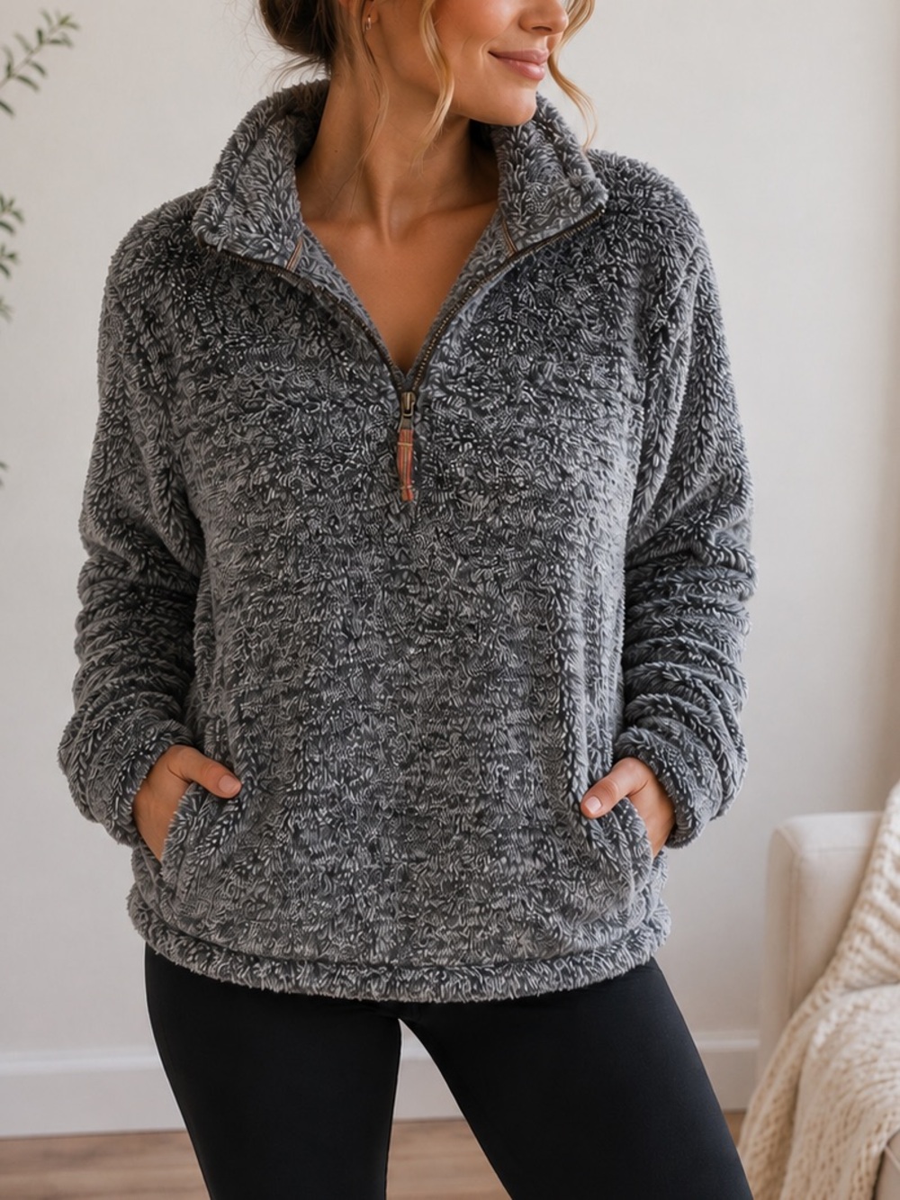 Alpine Sherpa Gray Fuzzy Quarter Zip Fleece Pullover Men’s M